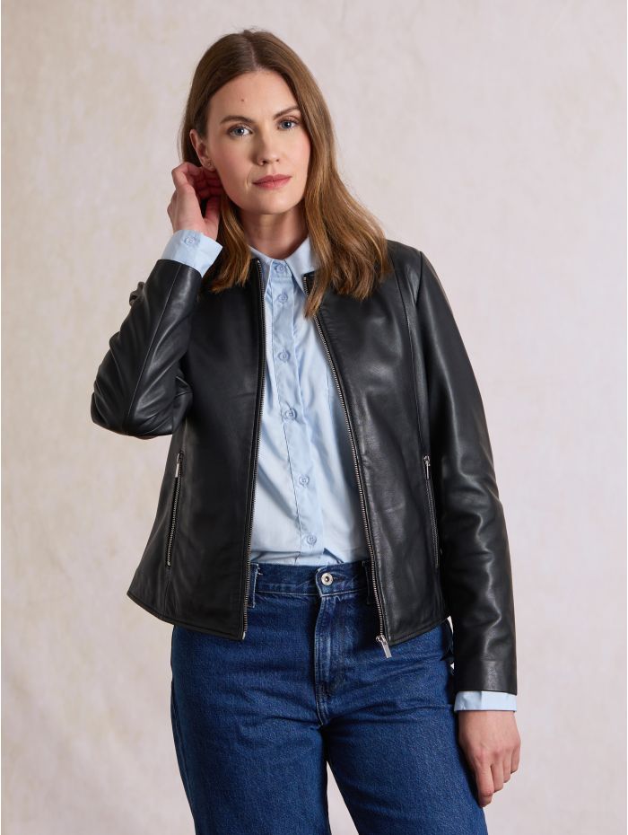 Crosby Collarless Leather Jacket in Black