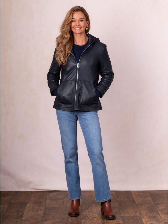 Hartside Hooded Leather Jacket in Navy