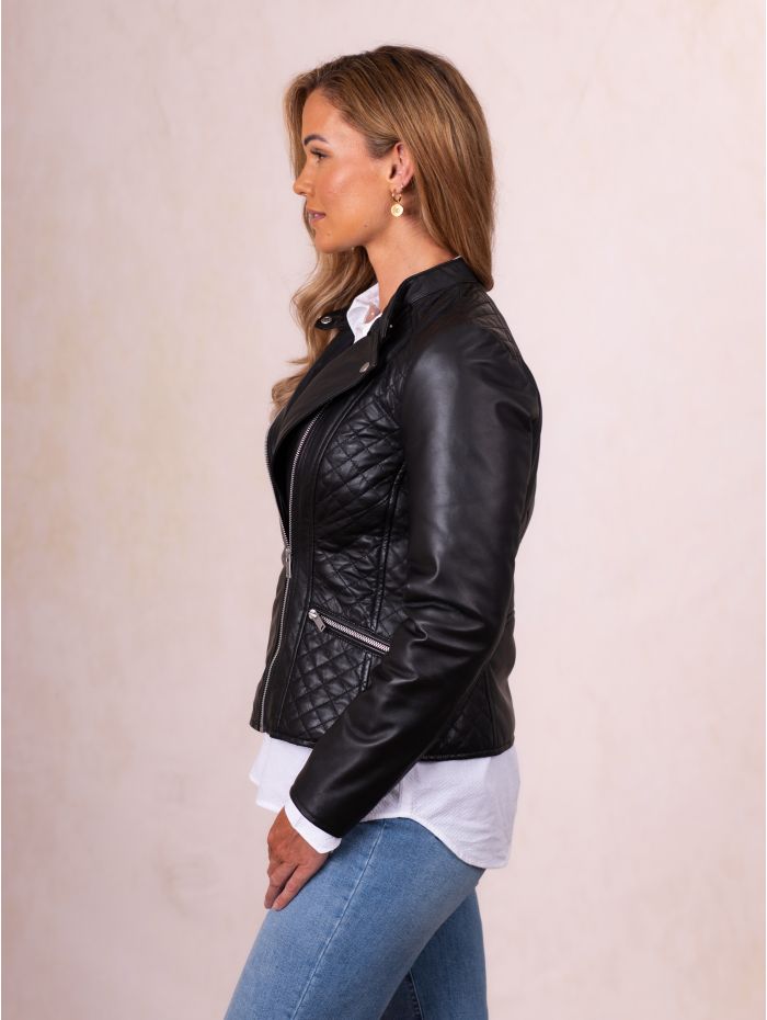 Penny Quilted Leather Biker Jacket in Black