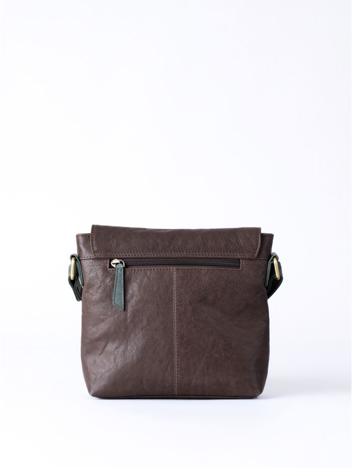 Hartsop Flapover Leather Cross Body Bag in Brown and Green