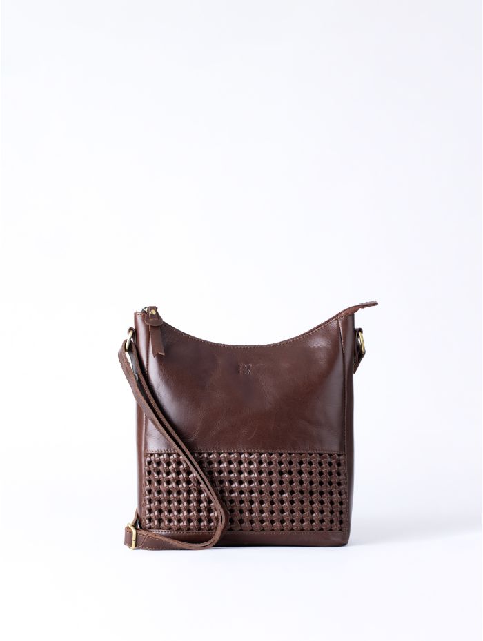 Waverton Woven Medium Leather Cross Body Bag in Brown