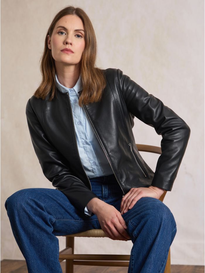 Crosby Collarless Leather Jacket in Black