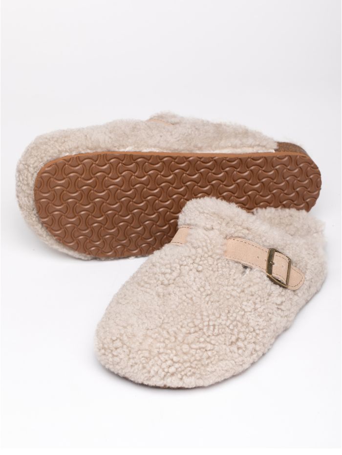 Sheepskin Wool Buckle Clog Slippers in Grey
