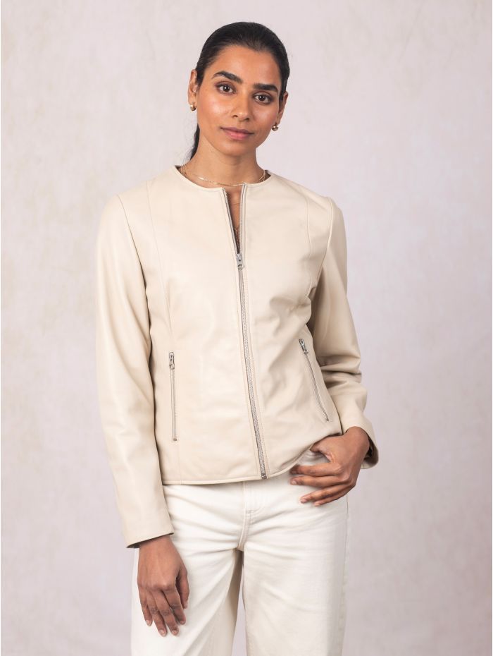 Crosby Collarless Leather Jacket in Parchment