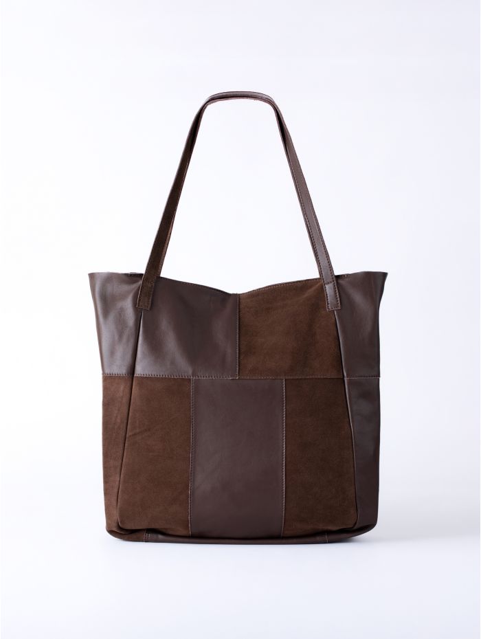 Tarn Hows Leather and Suede Tote Bag in Chocolate Brown