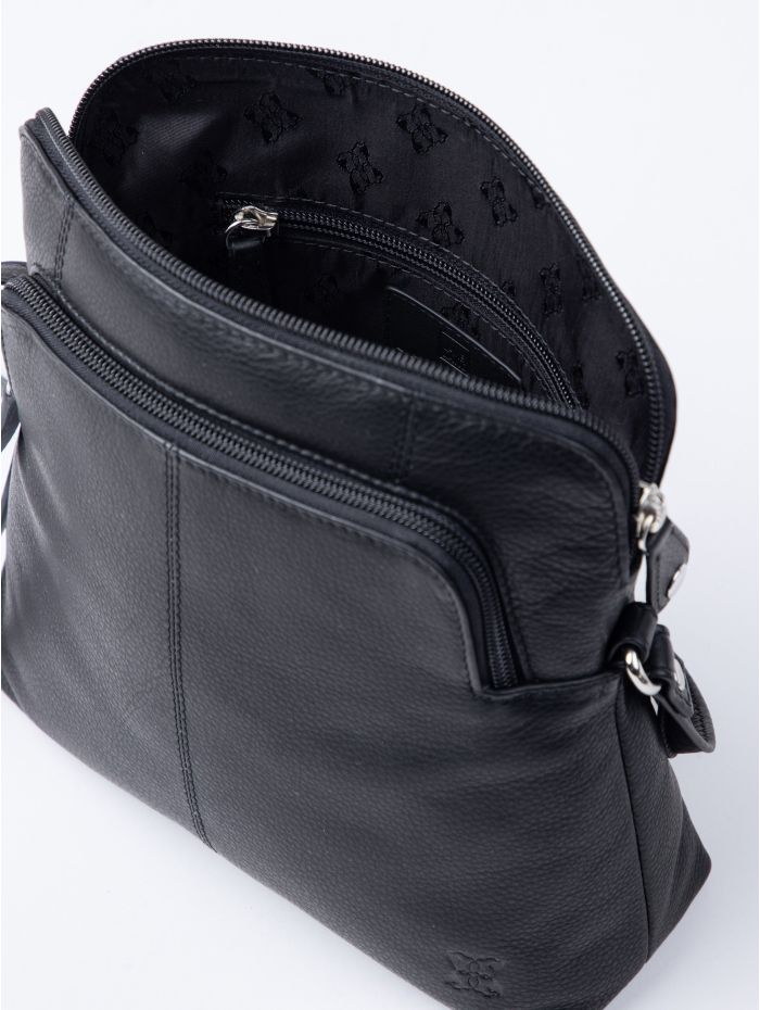Raven Leather Cross Body Bag in Black