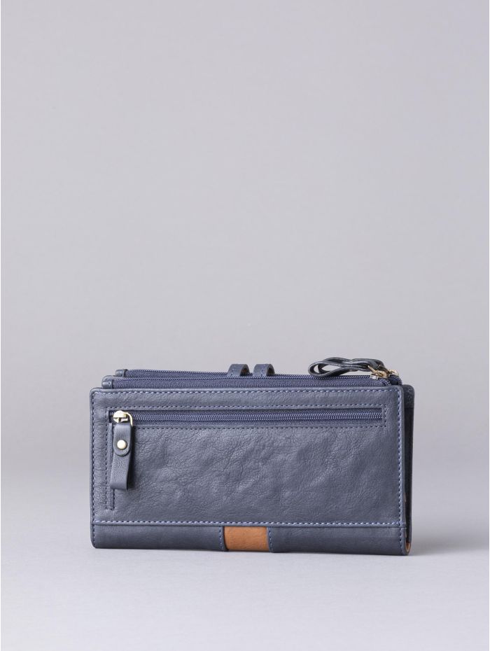 Hartsop Leather Double Zip Purse in Navy & Tan