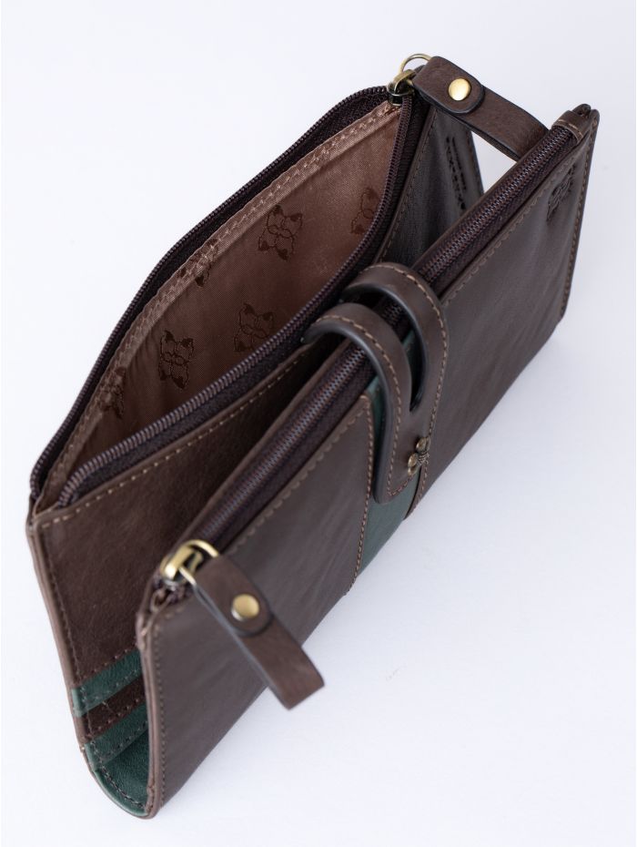 Hartsop Leather Double Zip Purse in Brown & Green