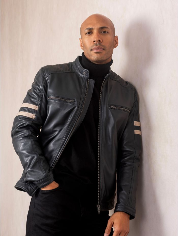 Charlie II Leather Racer Jacket in Navy