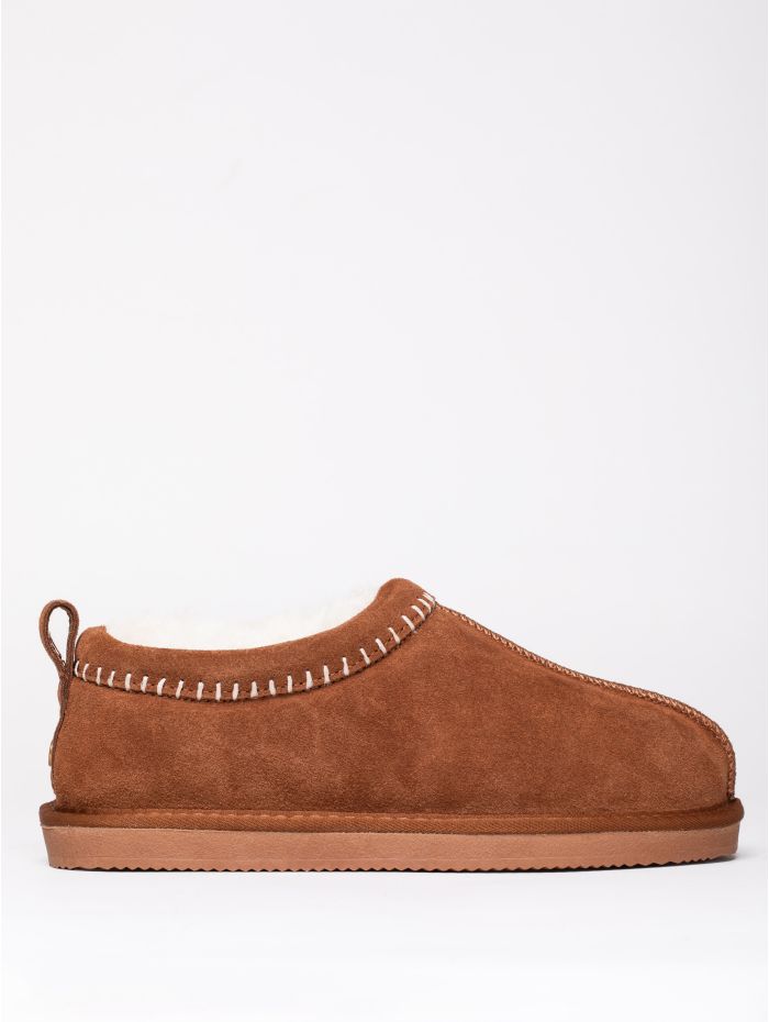 Sheepskin Embroidered Clog Slippers in Tan