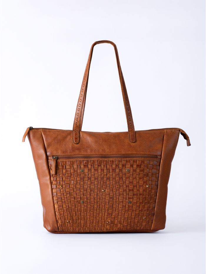 Storrs Woven Leather Tote Bag in Cognac