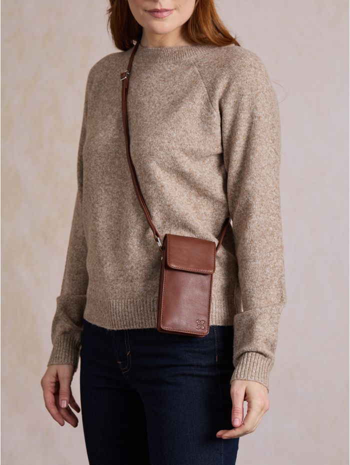 Bowness Leather Cross Body Phone Pouch in Cognac