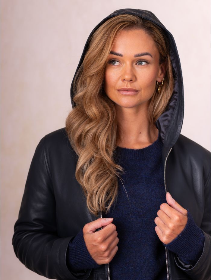 Hartside Hooded Leather Jacket in Navy