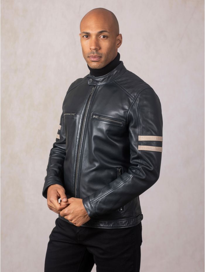 Charlie II Leather Racer Jacket in Navy
