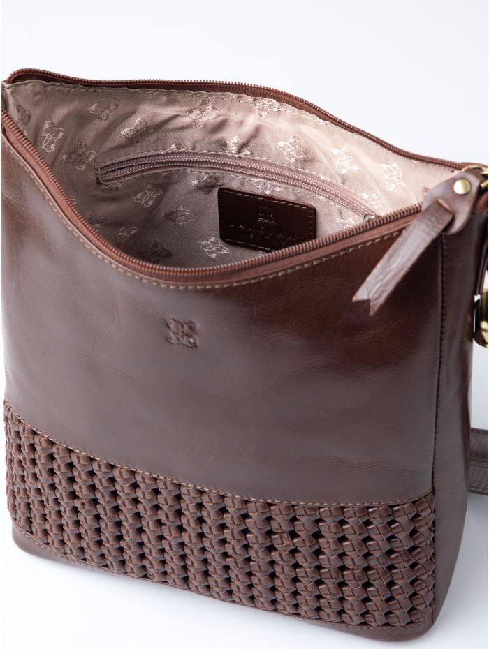 Waverton Woven Medium Leather Cross Body Bag in Brown