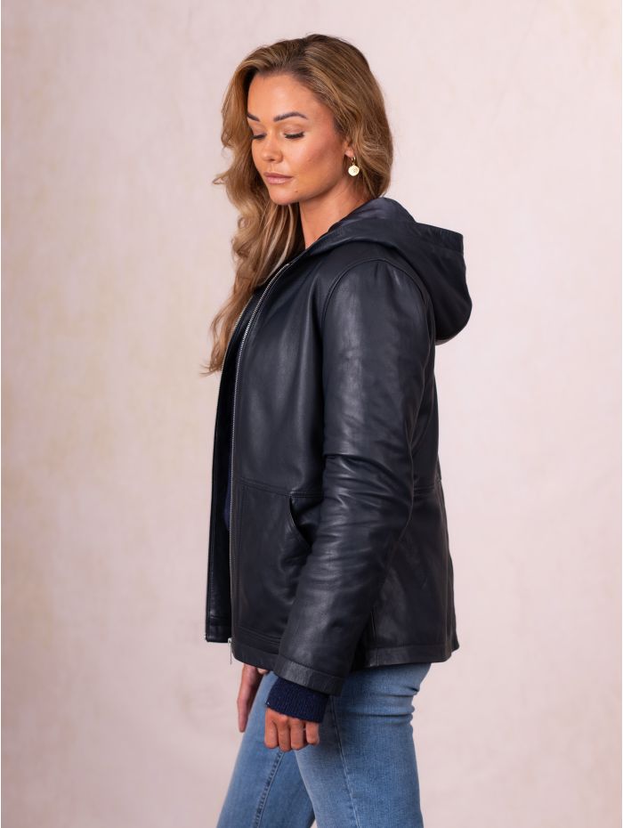 Hartside Hooded Leather Jacket in Navy