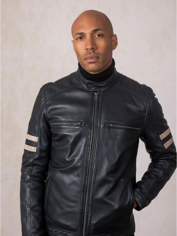 Charlie II Leather Racer Jacket in Navy