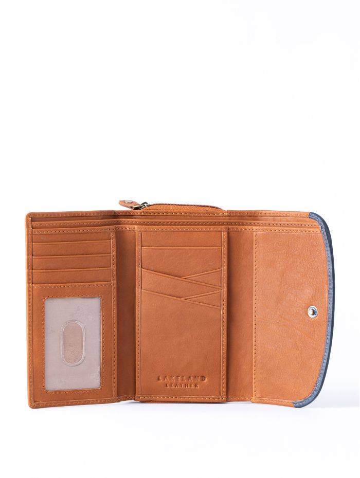 Hartsop Flapover Leather Purse in Cognac and Navy