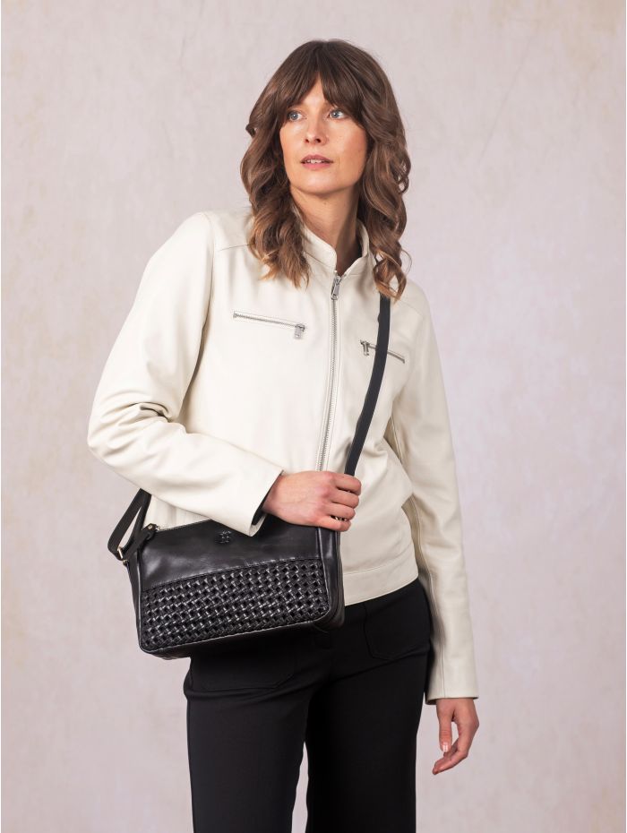 Waverton Woven Leather Cross Body Bag in Black