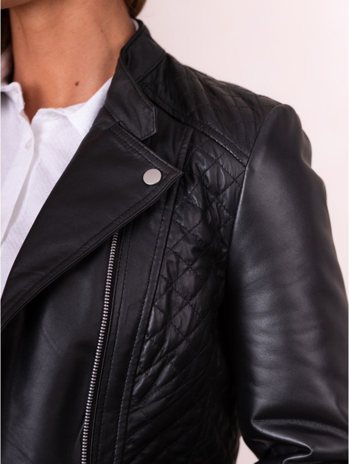 Penny Quilted Leather Biker Jacket in Black