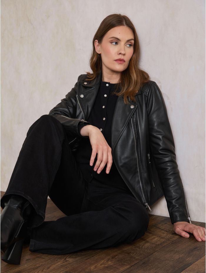 Tarraby Leather Biker Jacket in Black