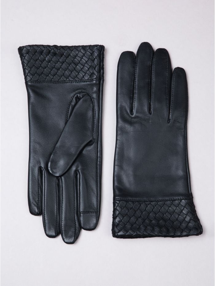 Willow Woven Cuff Leather Gloves in Black