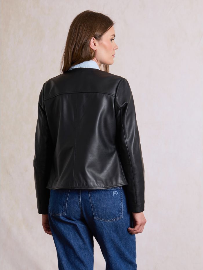 Crosby Collarless Leather Jacket in Black