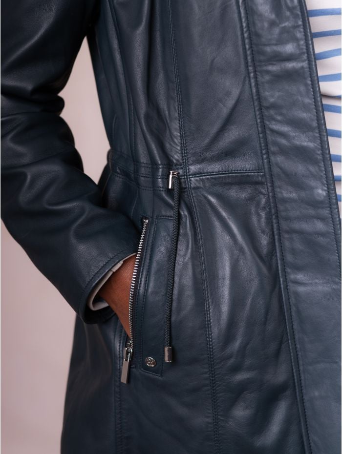 Ambleside Hooded Leather Coat in Navy