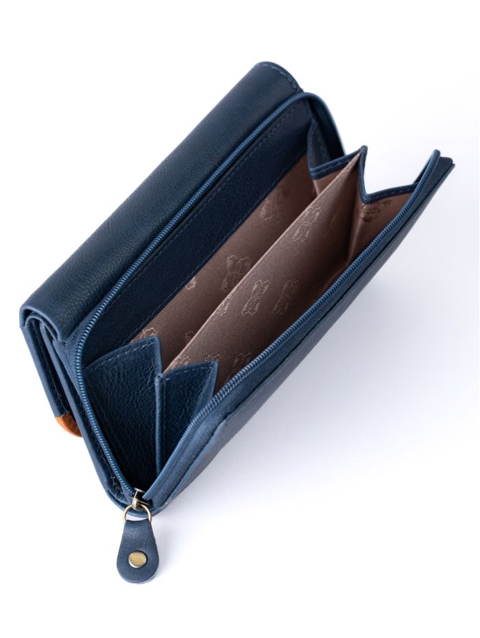 Hartsop Flapover Leather Purse in Navy and Cognac