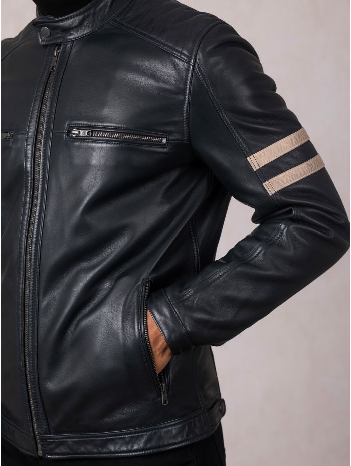 Charlie II Leather Racer Jacket in Navy
