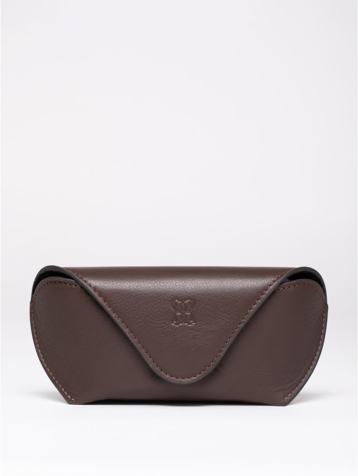 Flapover Leather Glasses Case in Brown