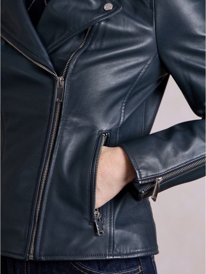 Tarraby Leather Biker Jacket in Navy