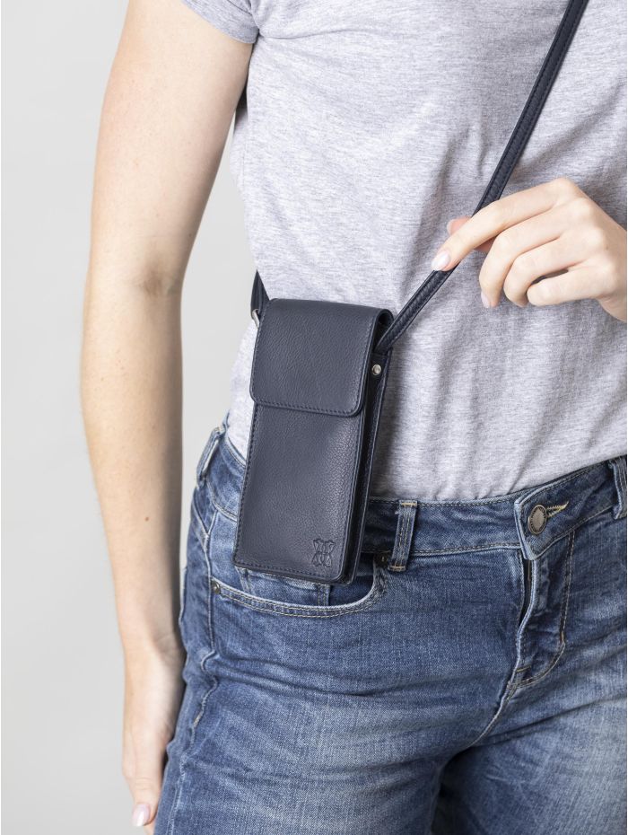 Bowness Leather Cross Body Phone Pouch in Navy