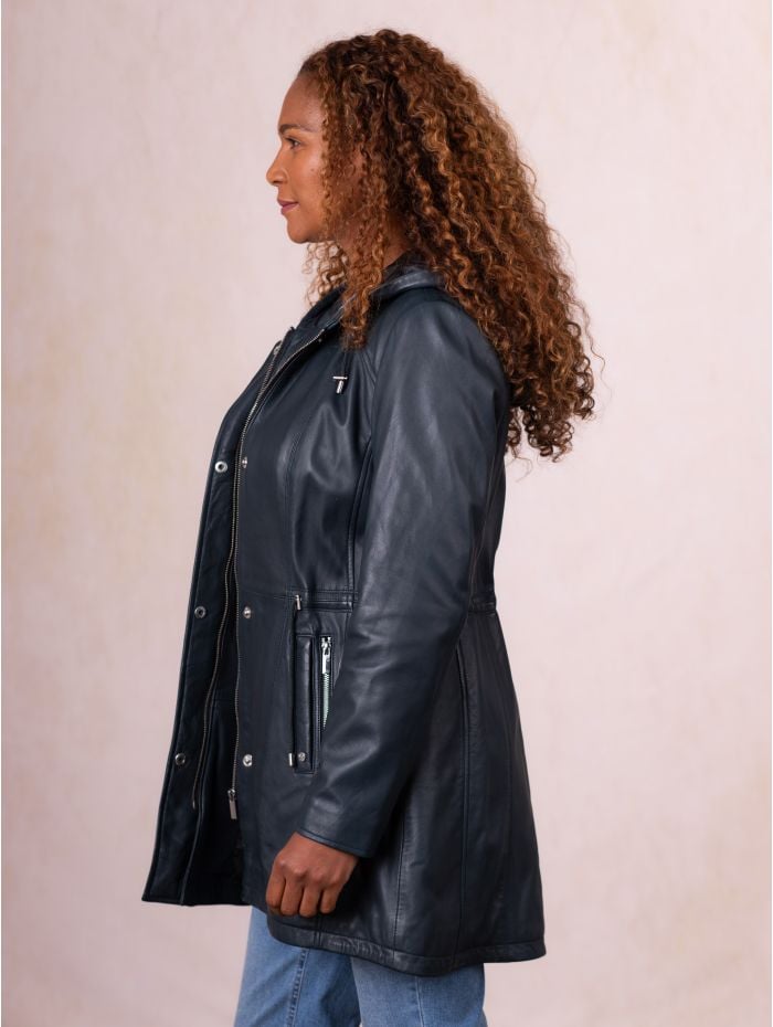 Ambleside Hooded Leather Coat in Navy