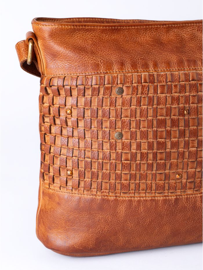 Storrs Woven Leather Cross Body Bag in Cognac