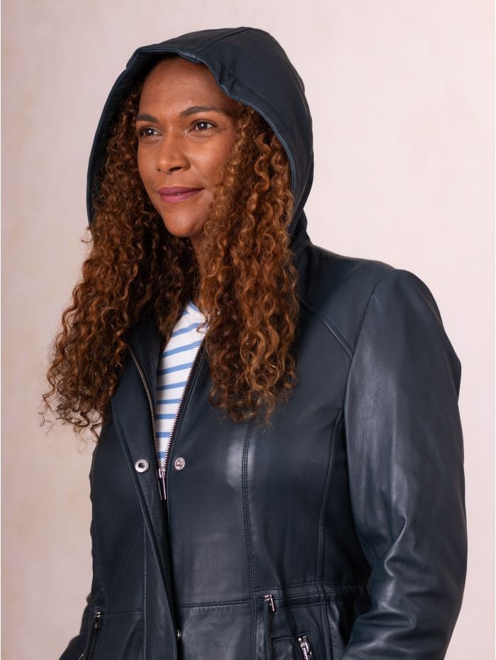 Ambleside Hooded Leather Coat in Navy