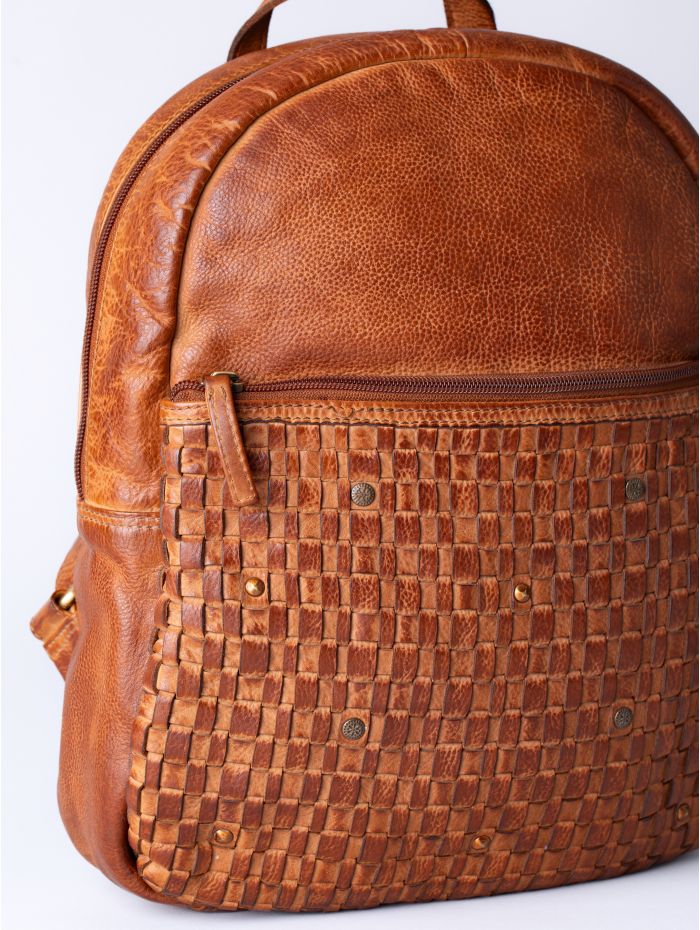 Storrs Woven Leather Backpack in Cognac