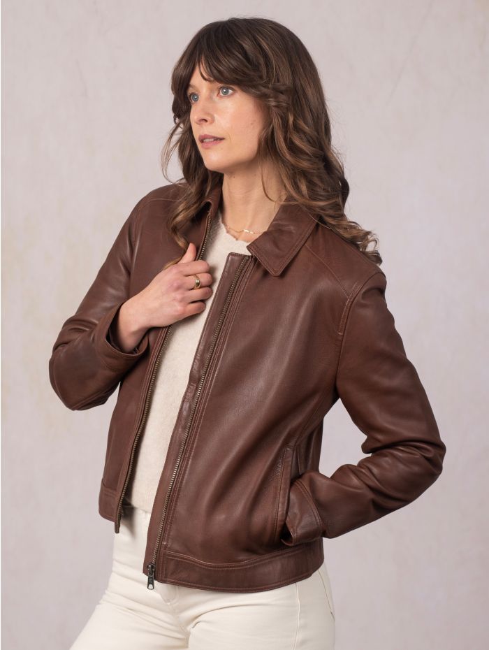 Crosthwaite Collared Leather Jacket in Chocolate