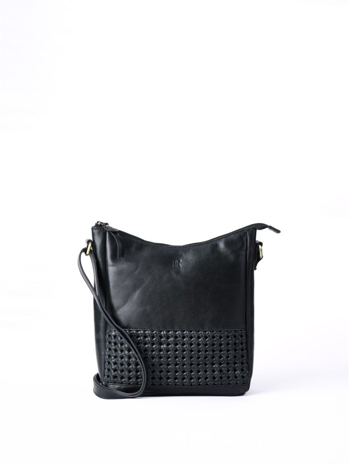 Waverton Woven Medium Leather Cross Body Bag in Black