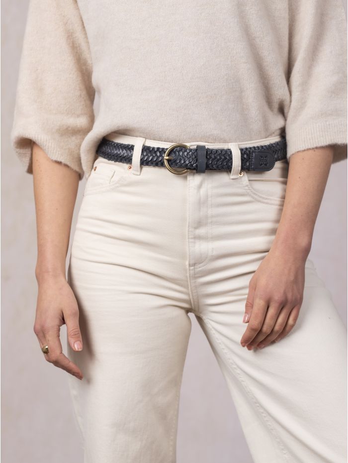 Waverton Leather Woven Belt in Navy
