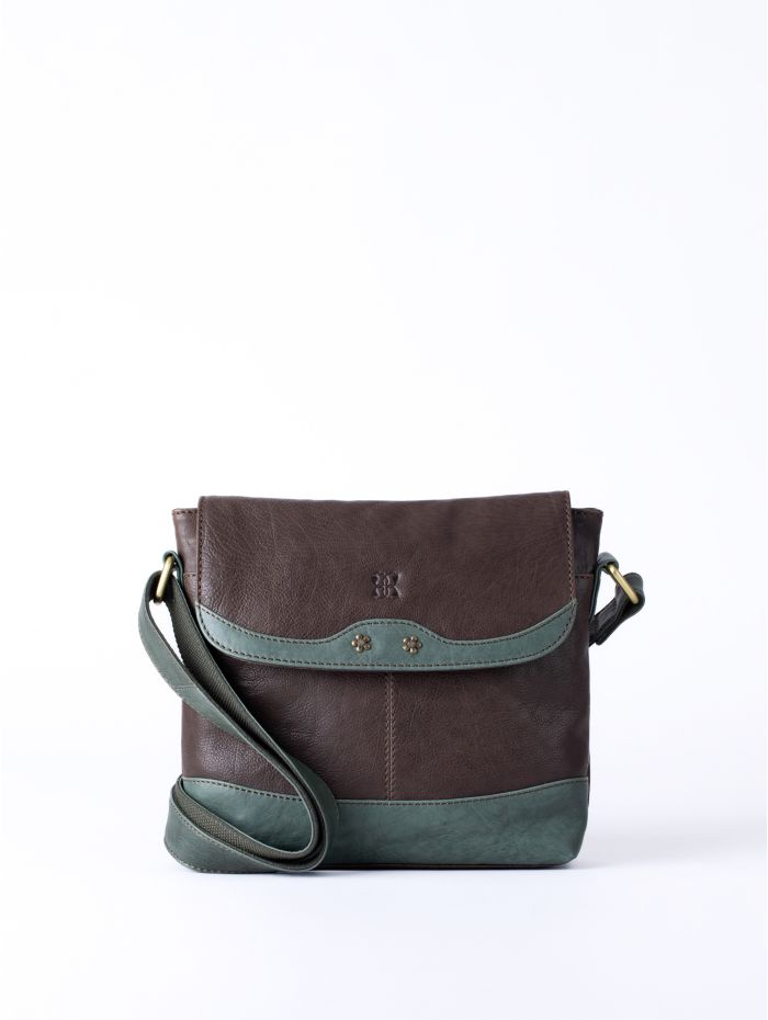 Hartsop Flapover Leather Cross Body Bag in Brown and Green