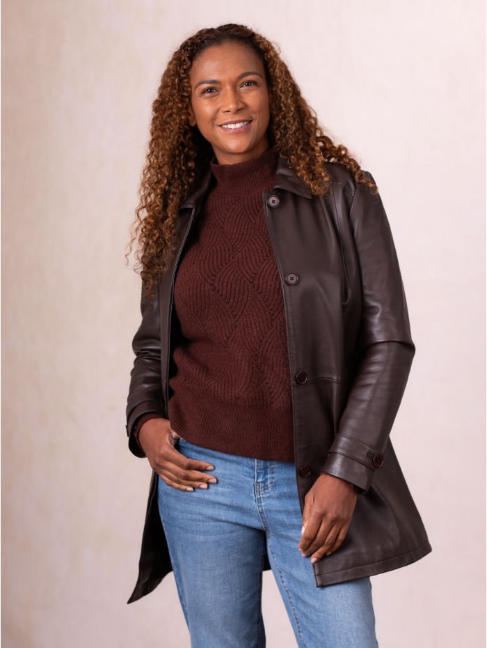 Bilsco Longline Leather Jacket in Seal Brown