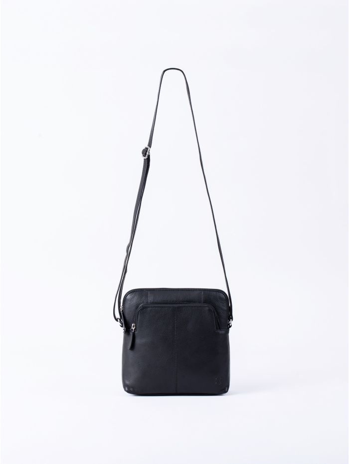 Raven Leather Cross Body Bag in Black