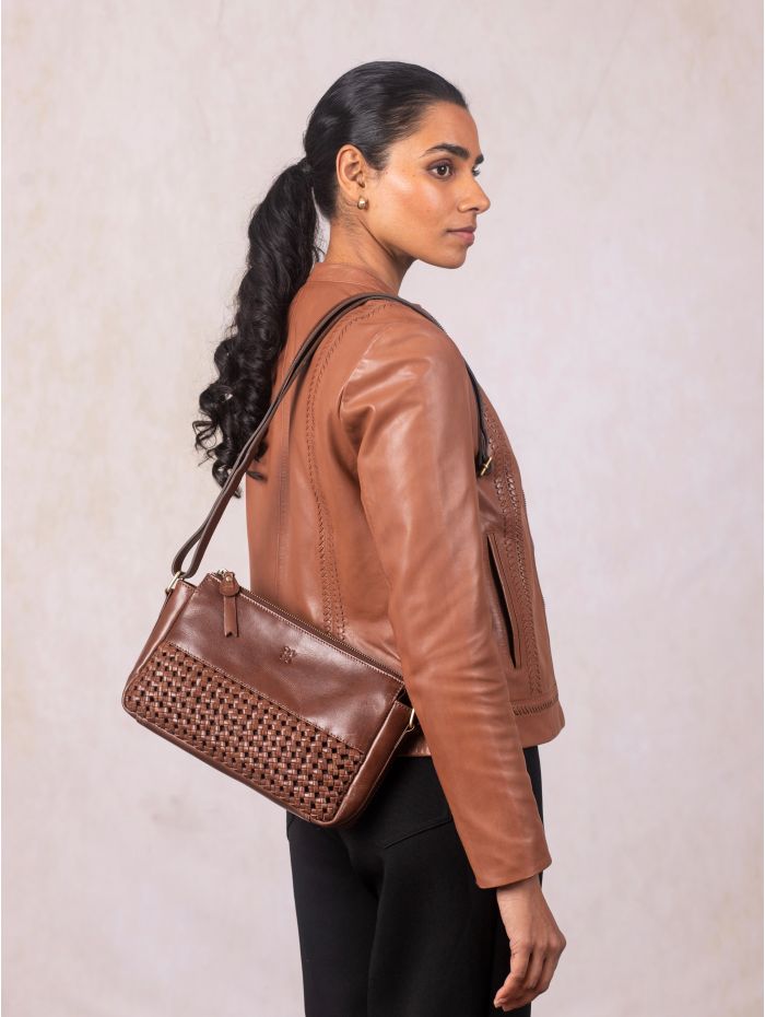 Waverton Woven Leather Cross Body Bag in Brown
