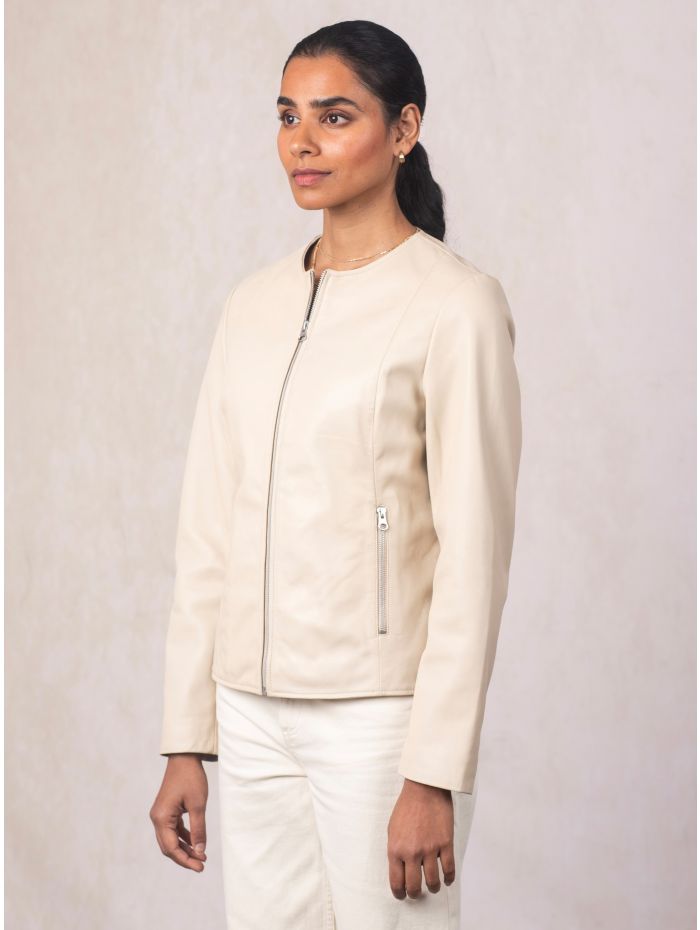 Crosby Collarless Leather Jacket in Parchment