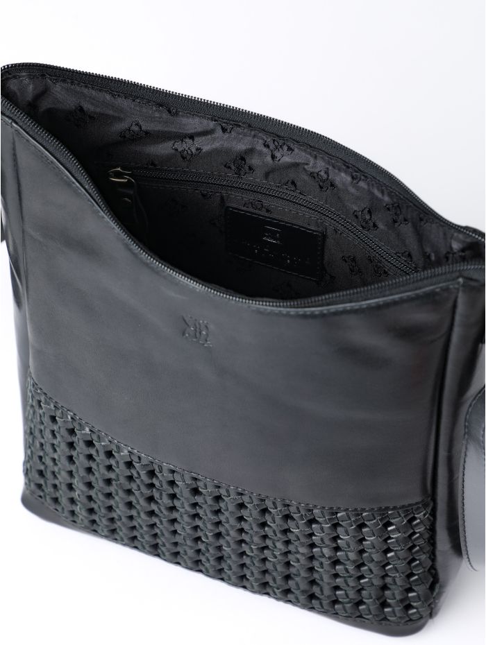 Waverton Woven Medium Leather Cross Body Bag in Black