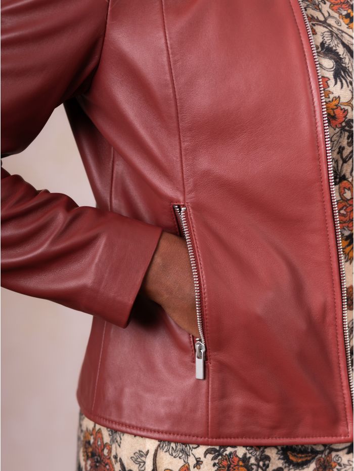 Crosby Collarless Leather Jacket in Russett Brown