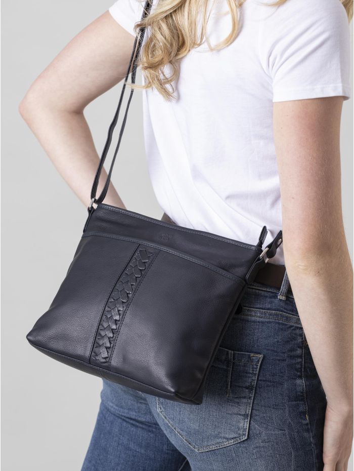 Farlam Leather Cross Body Bag in Navy