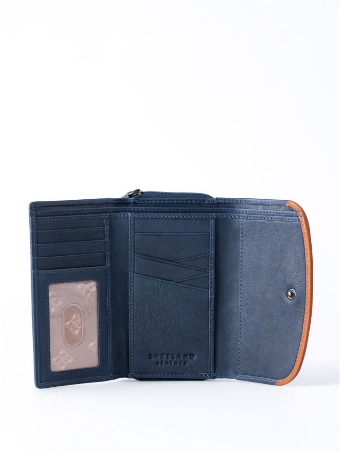 Hartsop Flapover Leather Purse in Navy and Cognac