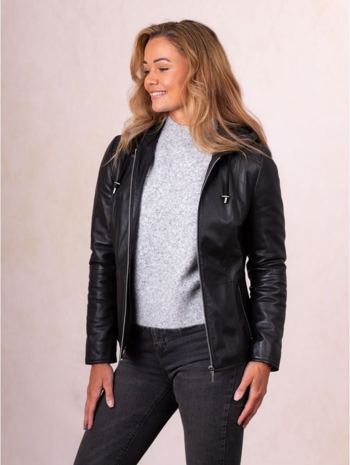 Abbeyville II Hooded Leather Jacket in Black